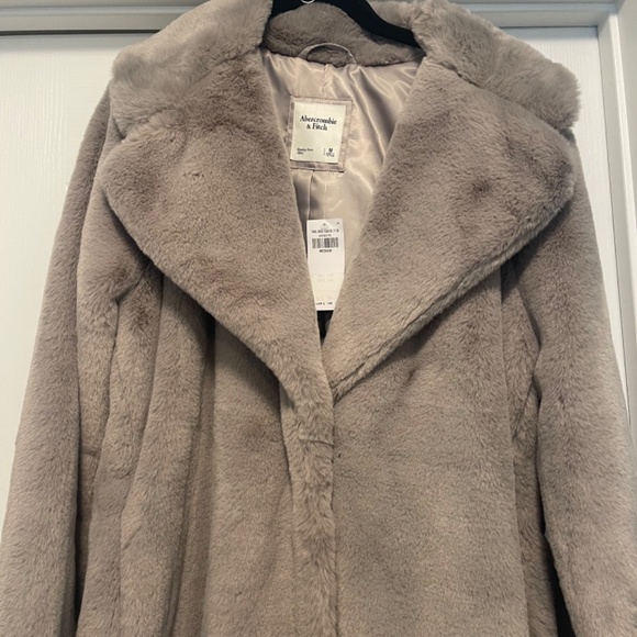 Abercrombie & Fitch Luxe Faux Fur Large Collar Coat Gray Brown NWT Retail $160 - Picture 3 of 10